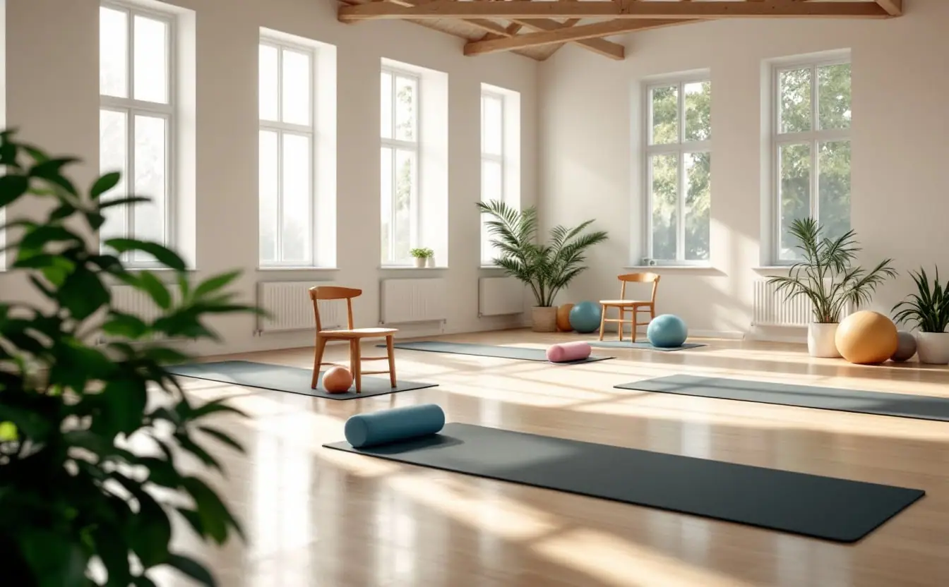 Community hall with Pilates mats, wooden chairs and soft balls laid out in a circle