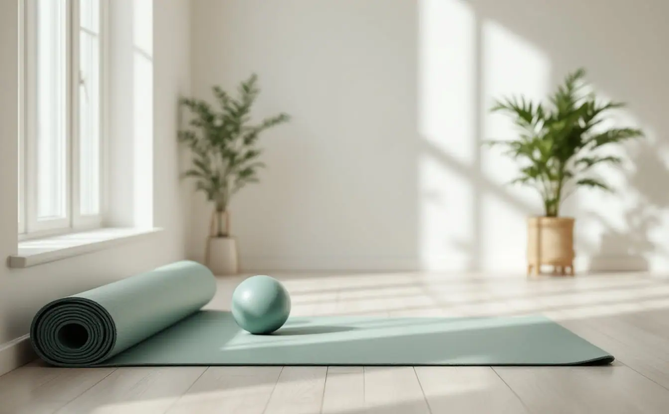 Rolled sage green exercise mat and small soft ball on pale oak floor in morning light