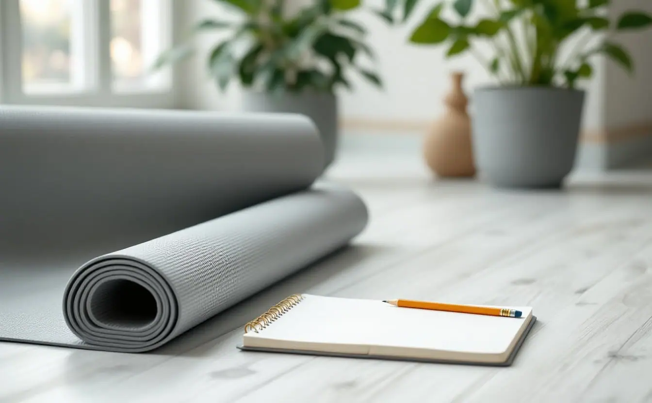 Open blank notebook and pencil beside a rolled exercise mat on a pale wooden floor