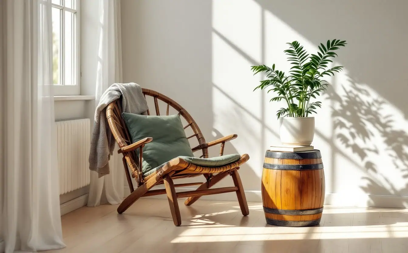 Old wooden Pilates chair and leather barrel in a sunlit studio corner with a fern
