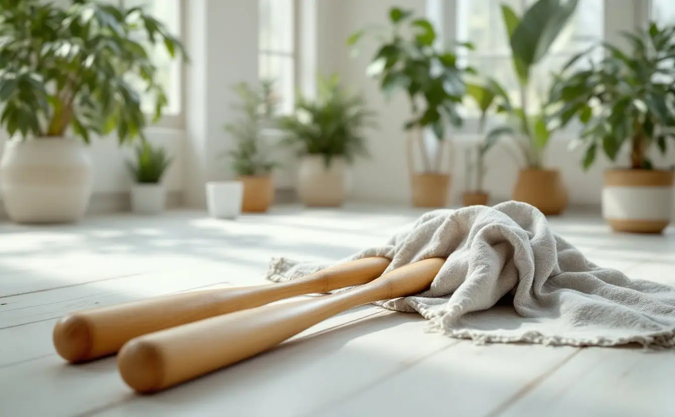 Old wooden Indian clubs and a folded linen towel on pale floorboards by a window