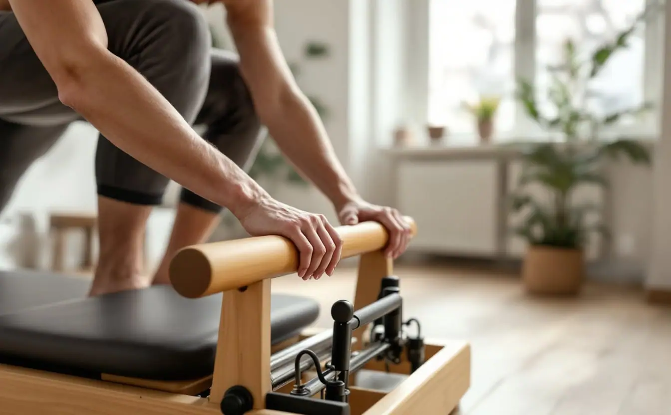 Hands resting on a reformer footbar in a quiet studio lit by winter daylight